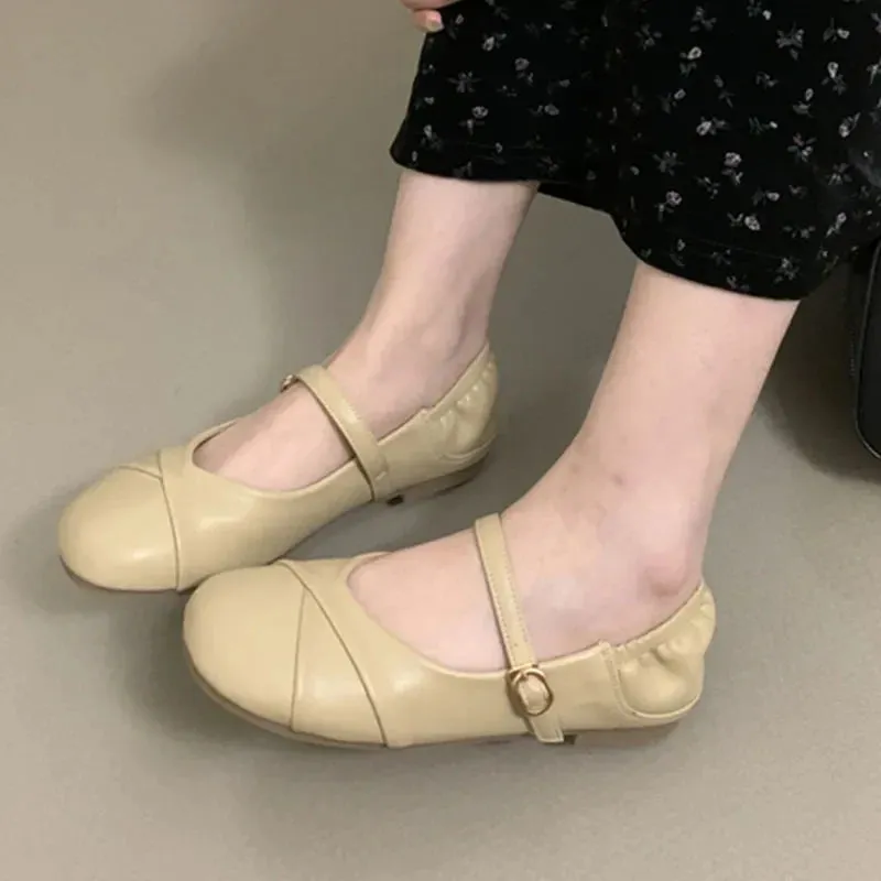 binfenxie  -  2024 Spring New Round Toe Shallow Women Mary Jane Shoes Fashion Pleated Ladies Flat Heel Ballerinas Shoes Casual Ballet Sho