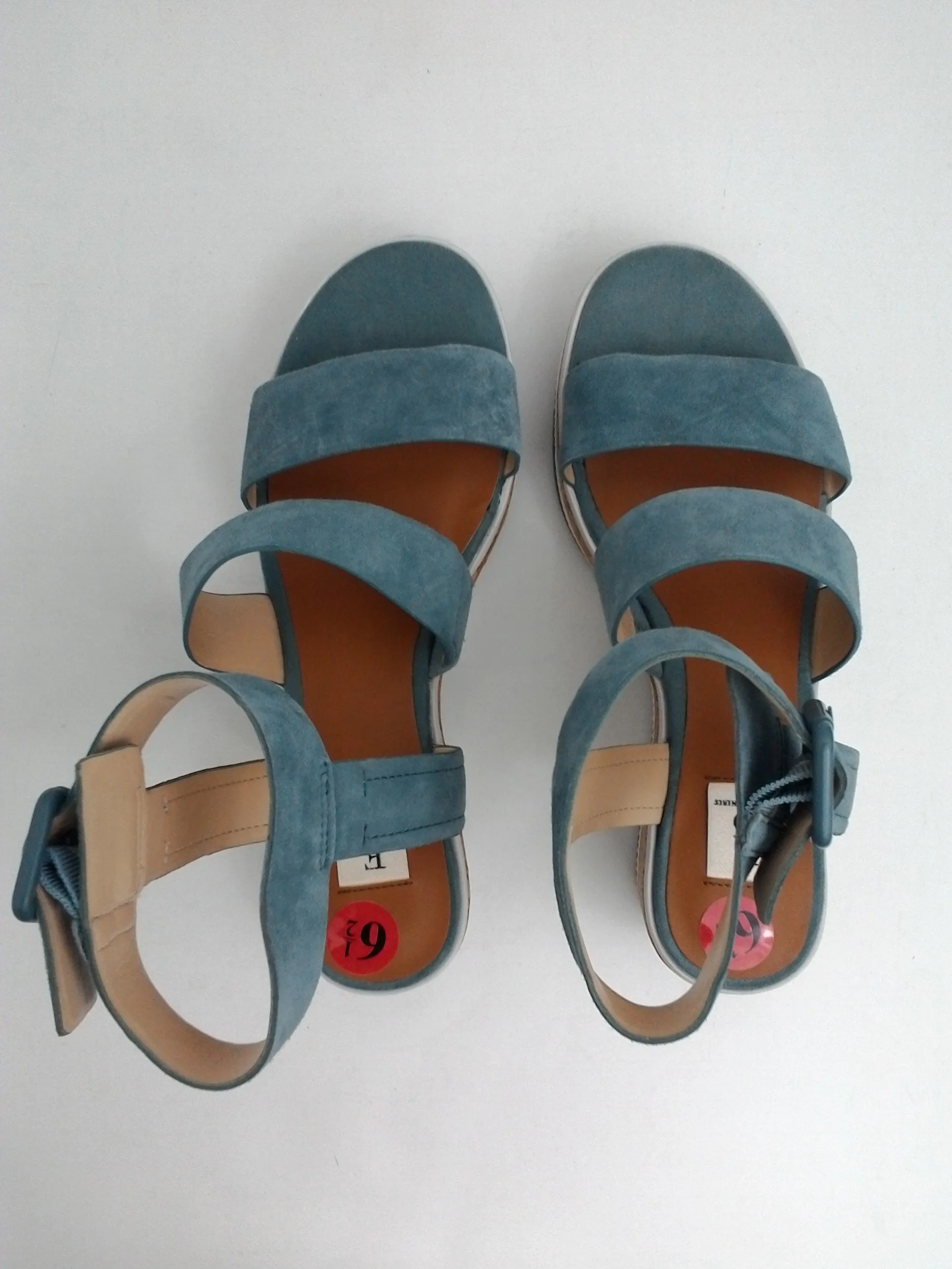 ED Ellen DeGeneres Women's Stassi Wedge Sandal Leather Blue Size 6.5
