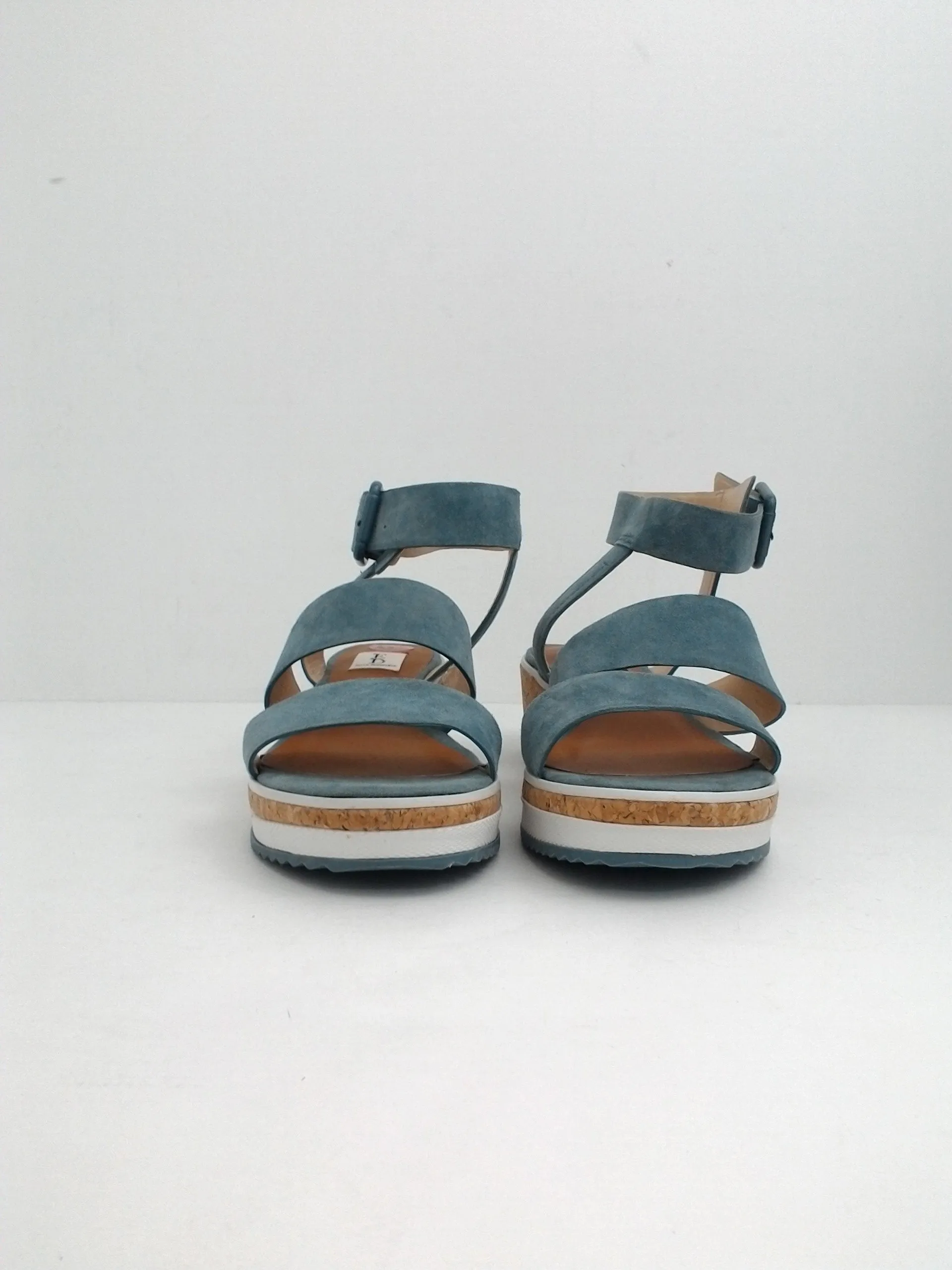ED Ellen DeGeneres Women's Stassi Wedge Sandal Leather Blue Size 6.5