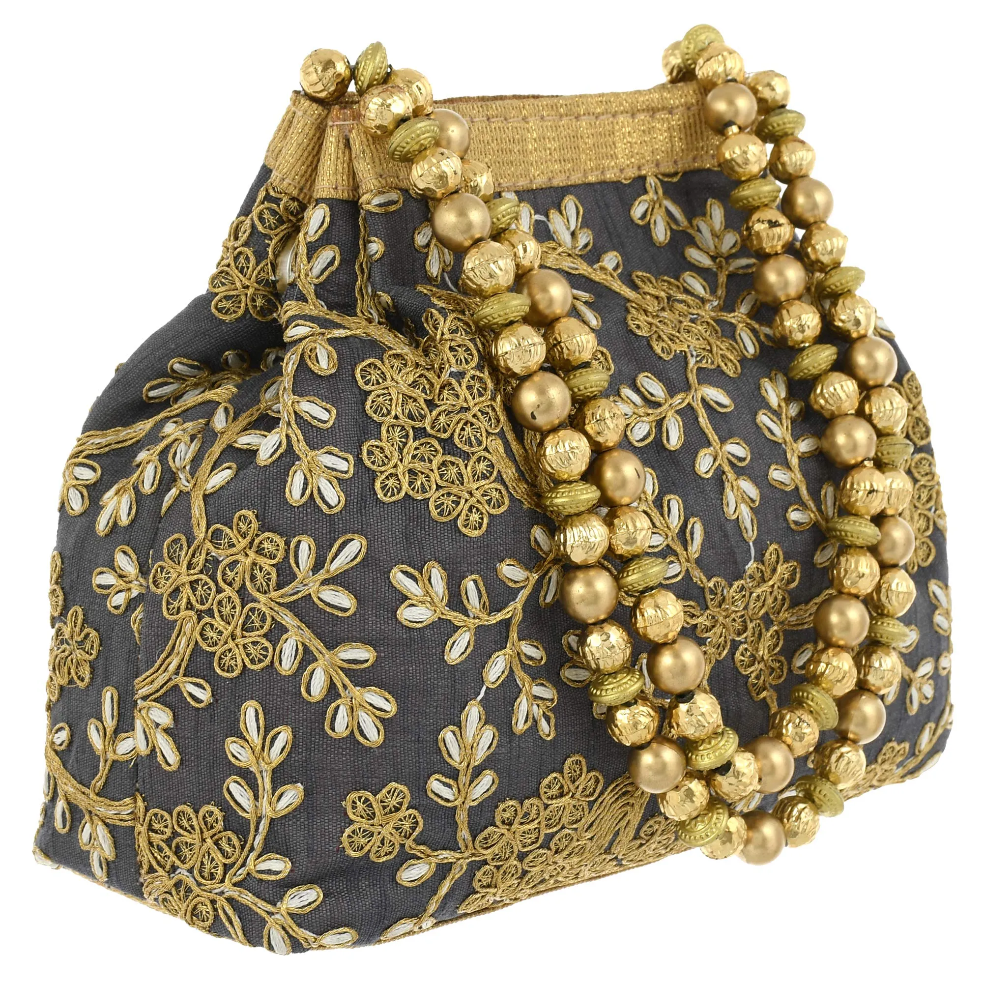 Heart Home Polyester Embroidered Potli Batwa Pouch Bag for Women (Grey) HEART2873
