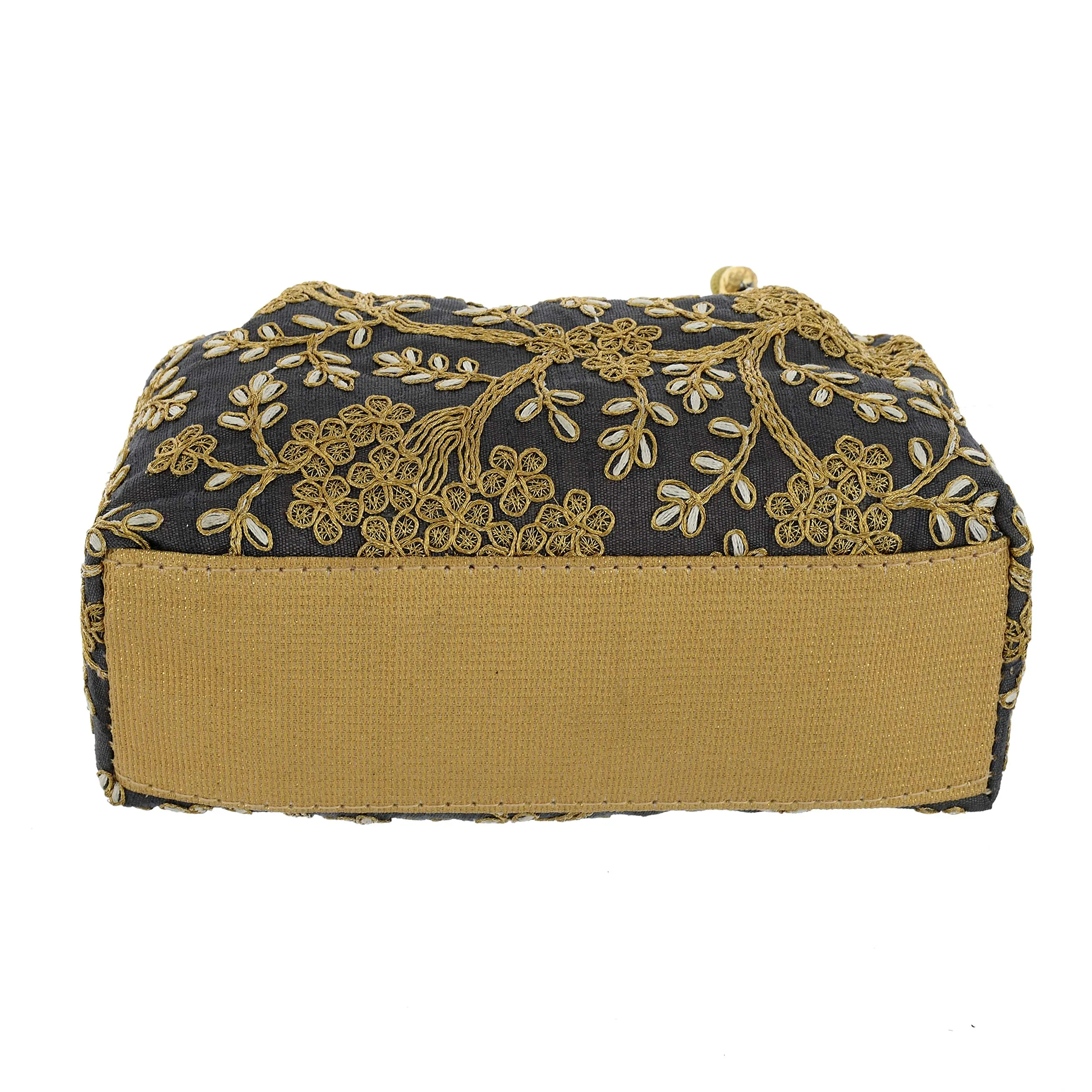 Heart Home Polyester Embroidered Potli Batwa Pouch Bag for Women (Grey) HEART2873