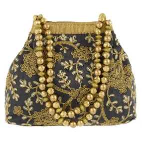 Heart Home Polyester Embroidered Potli Batwa Pouch Bag for Women (Grey) HEART2873
