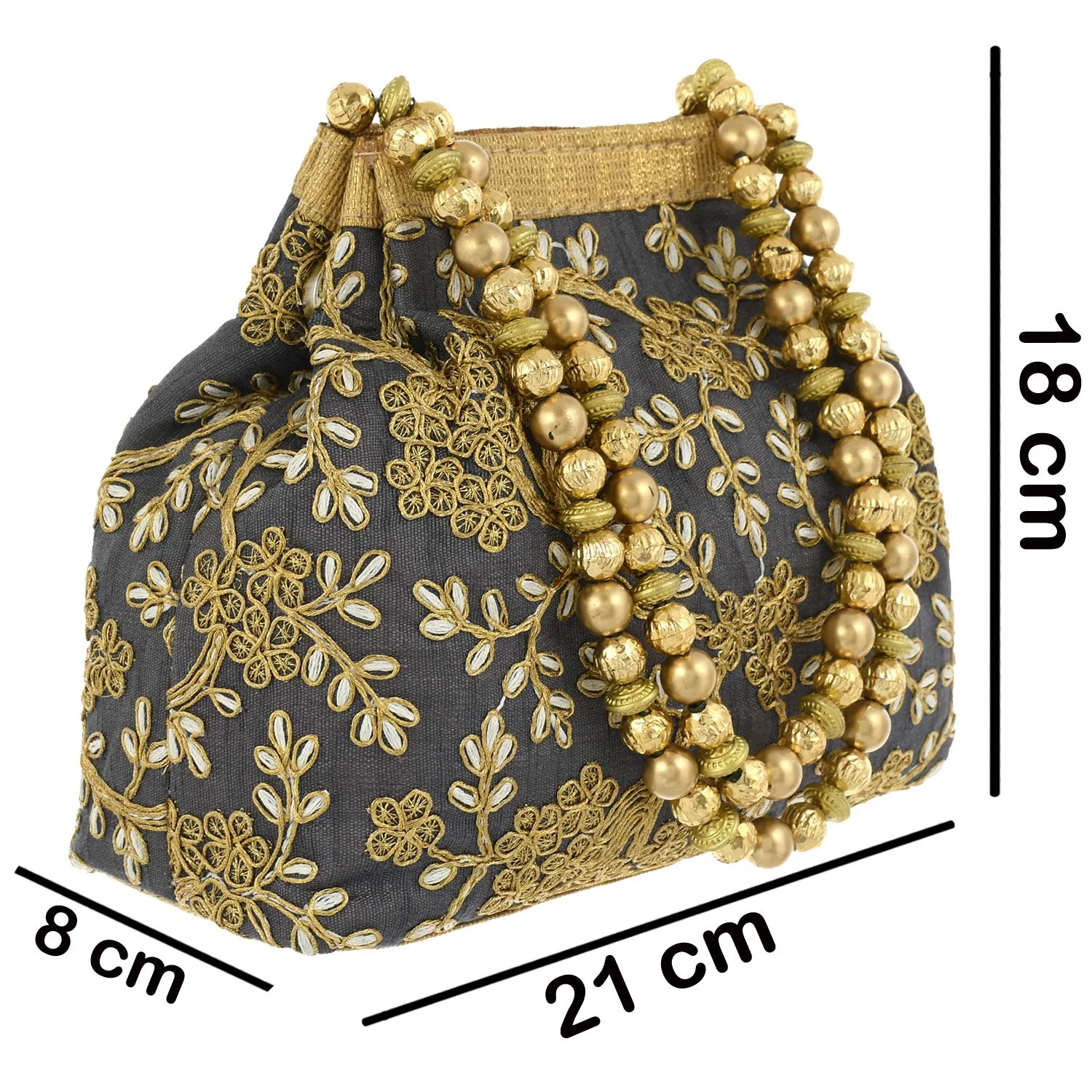 Heart Home Polyester Embroidered Potli Batwa Pouch Bag for Women (Grey) HEART2873