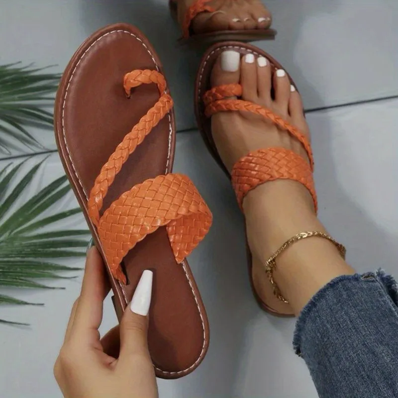 Women's Braided Design Thong Sandals Solid Color Slip-on Flat Toe Loop Slippers