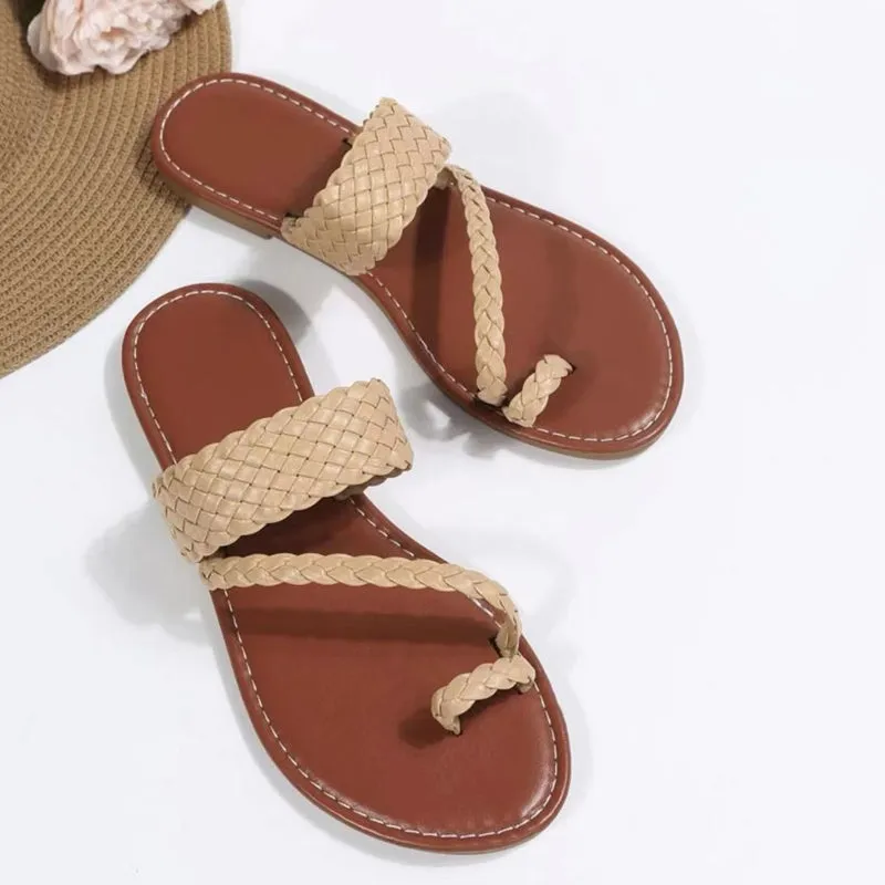 Women's Braided Design Thong Sandals Solid Color Slip-on Flat Toe Loop Slippers