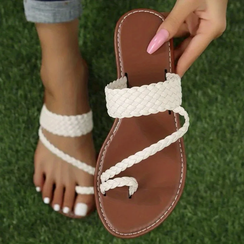 Women's Braided Design Thong Sandals Solid Color Slip-on Flat Toe Loop Slippers