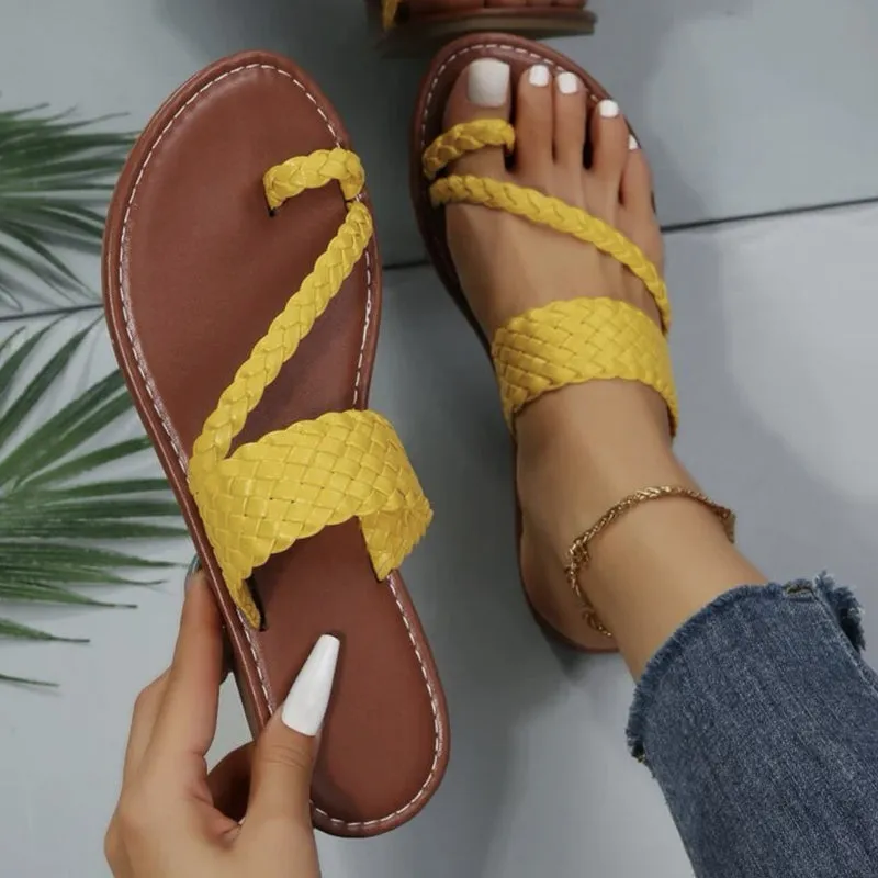 Women's Braided Design Thong Sandals Solid Color Slip-on Flat Toe Loop Slippers