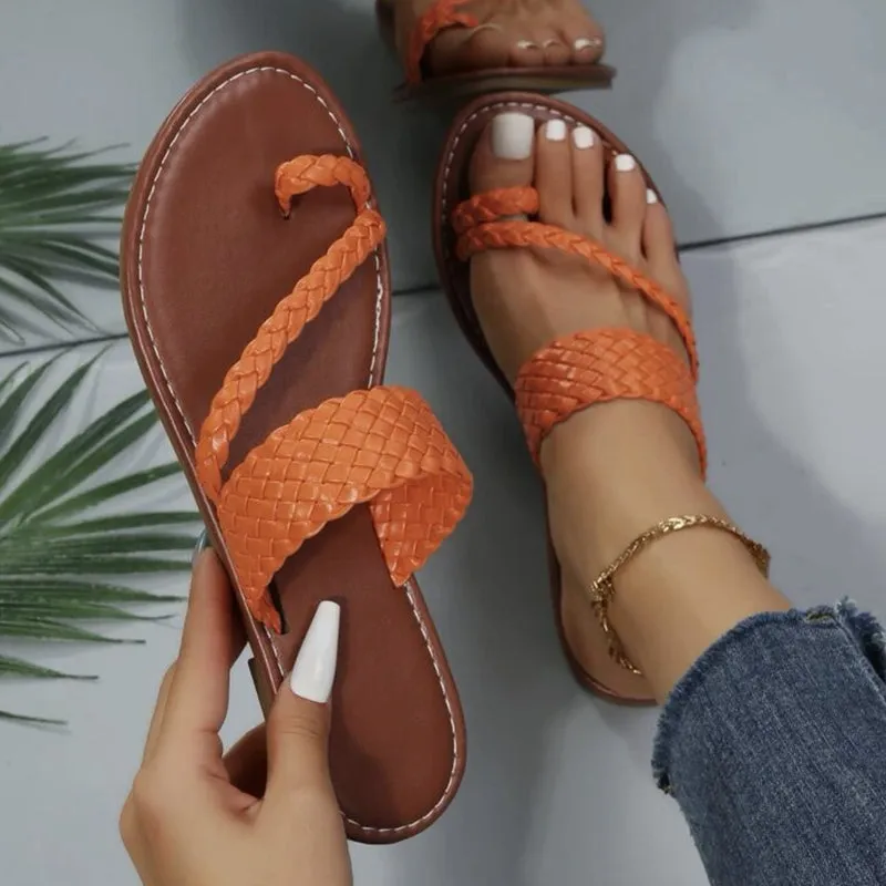 Women's Braided Design Thong Sandals Solid Color Slip-on Flat Toe Loop Slippers