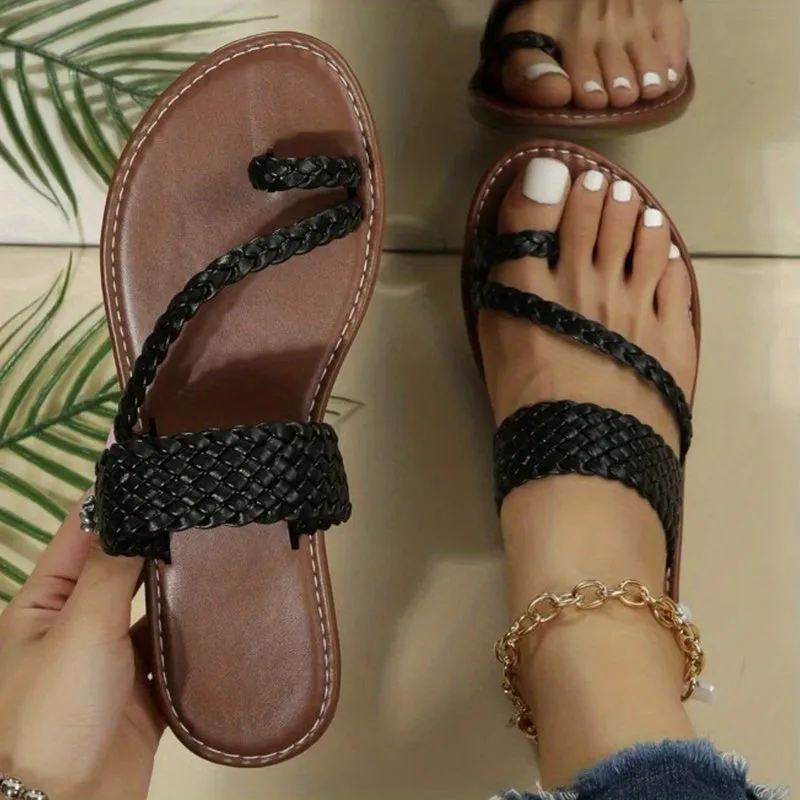 Women's Braided Design Thong Sandals Solid Color Slip-on Flat Toe Loop Slippers